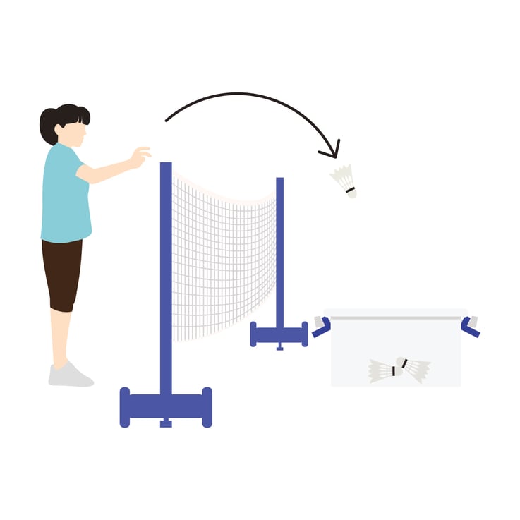 Illustration of a participant tossing shuttlecocks over a badminton net